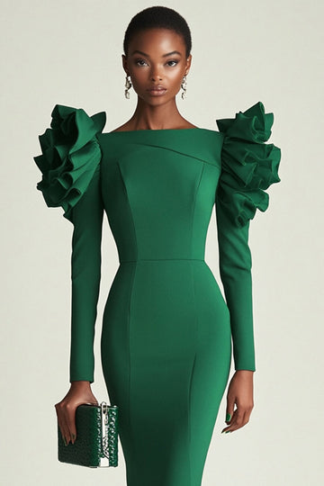 Dark Green Long Sleeves Bodycon Short Work Dress with Ruffles